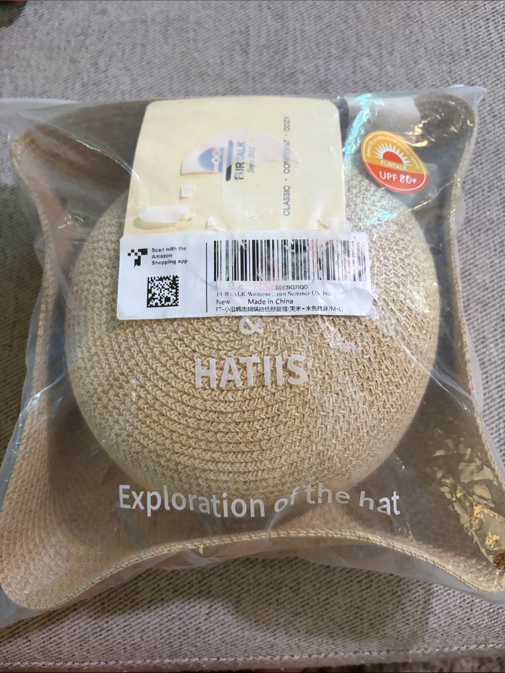 Furtalk Woven Straw Sun Hat - Natural Beige with cream sash -NEW